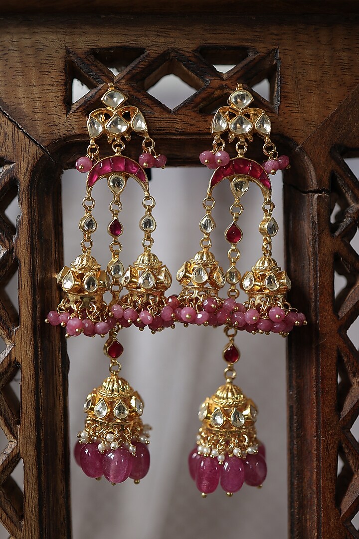 Gold Plated Kundan Polki & Pink Natural Stone Dangler Earrings by Paisley Pop at Pernia's Pop Up Shop