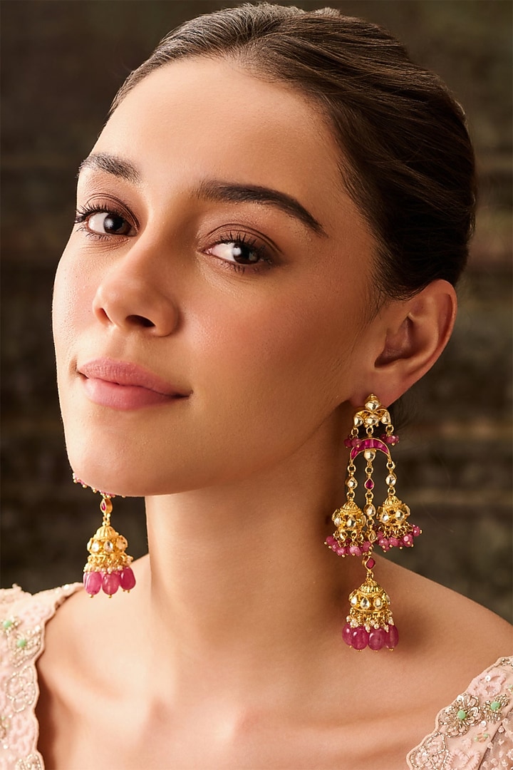 Gold Plated Kundan Polki & Pink Natural Stone Dangler Earrings by Paisley Pop at Pernia's Pop Up Shop