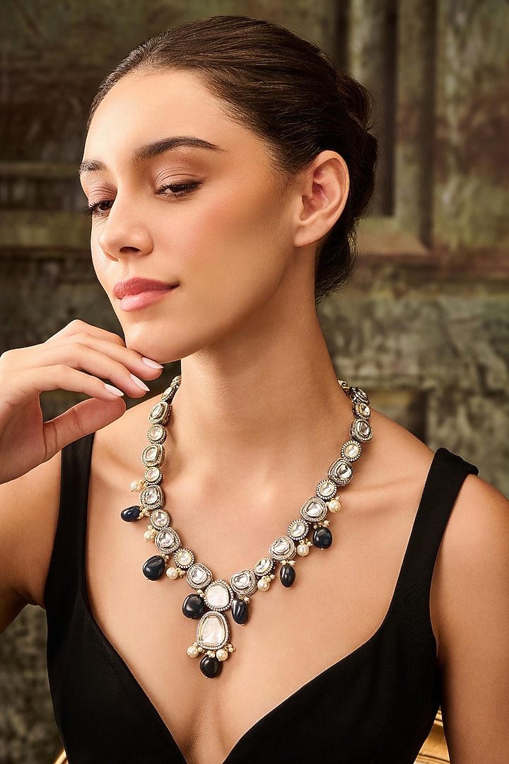Gold Plated Kundan Polki & Blue Natural Stone Necklace by Paisley Pop at Pernia's Pop Up Shop