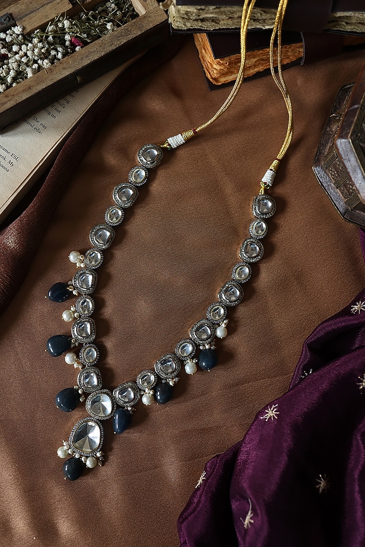 Gold Plated Kundan Polki & Blue Natural Stone Necklace by Paisley Pop at Pernia's Pop Up Shop
