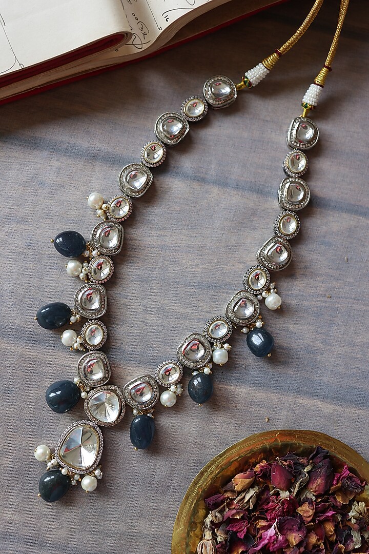 Gold Plated Kundan Polki & Blue Natural Stone Necklace by Paisley Pop at Pernia's Pop Up Shop