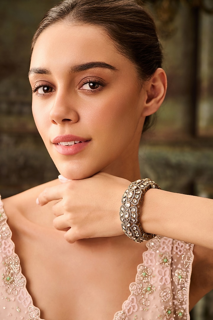 Gold Plated Kundan Polki & Cubic Zirconia Bangle by Paisley Pop at Pernia's Pop Up Shop
