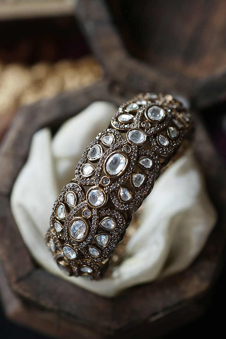 Gold Plated Kundan Polki & Cubic Zirconia Bangle by Paisley Pop at Pernia's Pop Up Shop