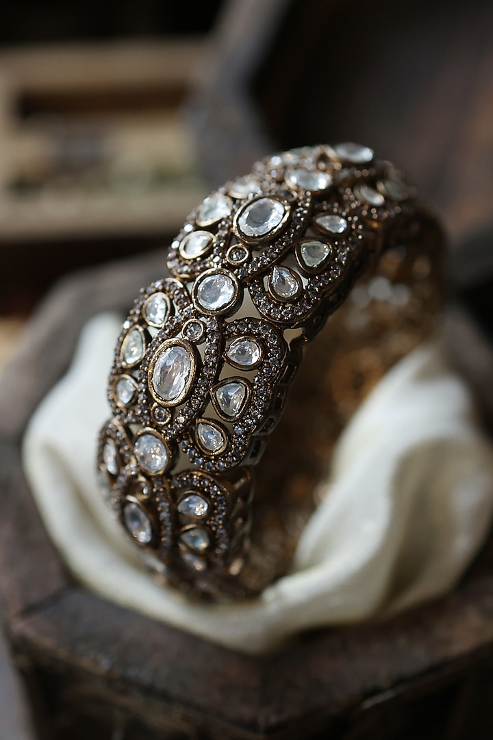 Gold Plated Kundan Polki & Cubic Zirconia Bangle by Paisley Pop at Pernia's Pop Up Shop