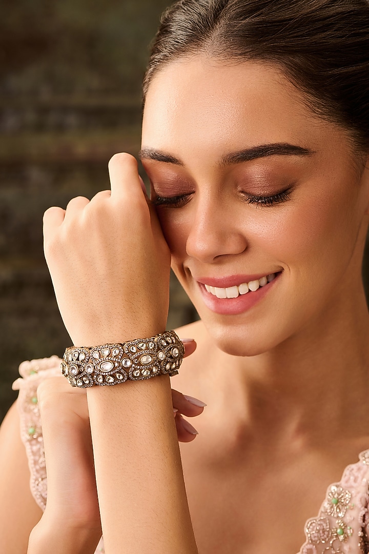 Gold Plated Kundan Polki & Cubic Zirconia Bangle by Paisley Pop at Pernia's Pop Up Shop