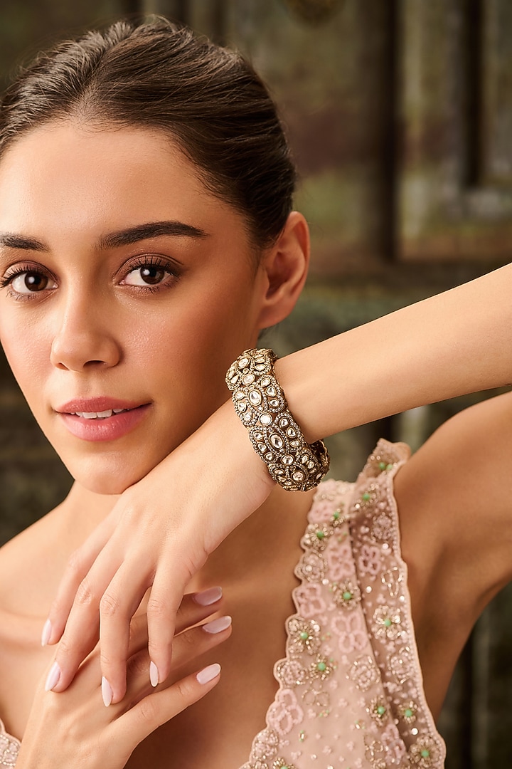 Gold Plated Kundan Polki & Cubic Zirconia Bangle by Paisley Pop at Pernia's Pop Up Shop