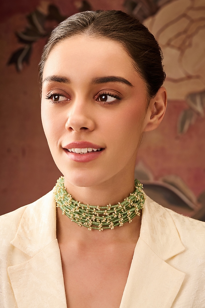 Gold Plated Mint Fluorite & Pearl Choker Necklace by Paisley Pop at Pernia's Pop Up Shop