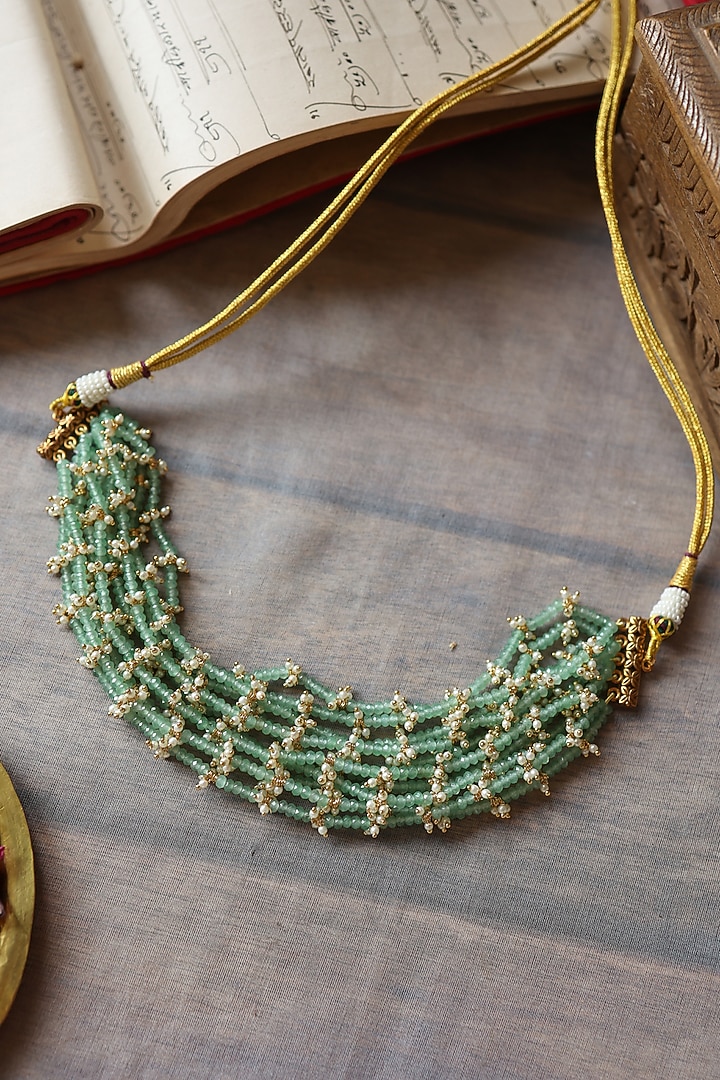 Gold Plated Mint Fluorite & Pearl Choker Necklace by Paisley Pop at Pernia's Pop Up Shop