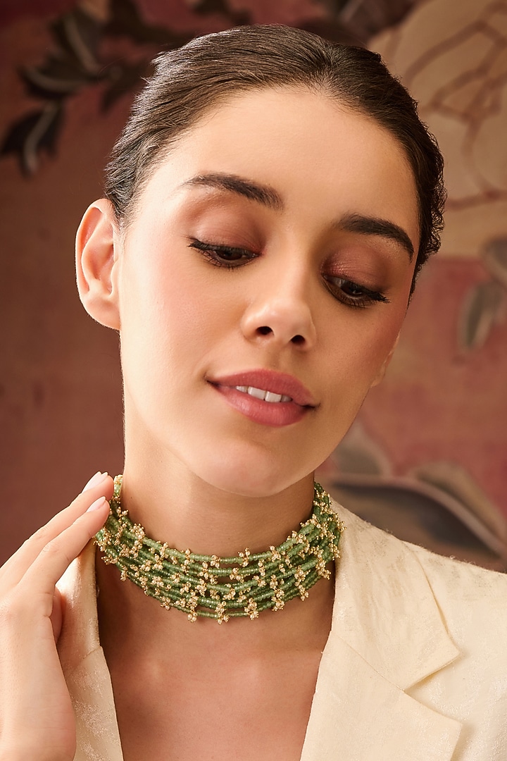 Gold Plated Mint Fluorite & Pearl Choker Necklace by Paisley Pop at Pernia's Pop Up Shop