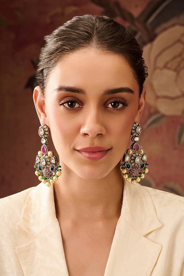 Gold Plated Kundan Polki & Multi-Colored Stone Dangler Earrings by Paisley Pop at Pernia's Pop Up Shop