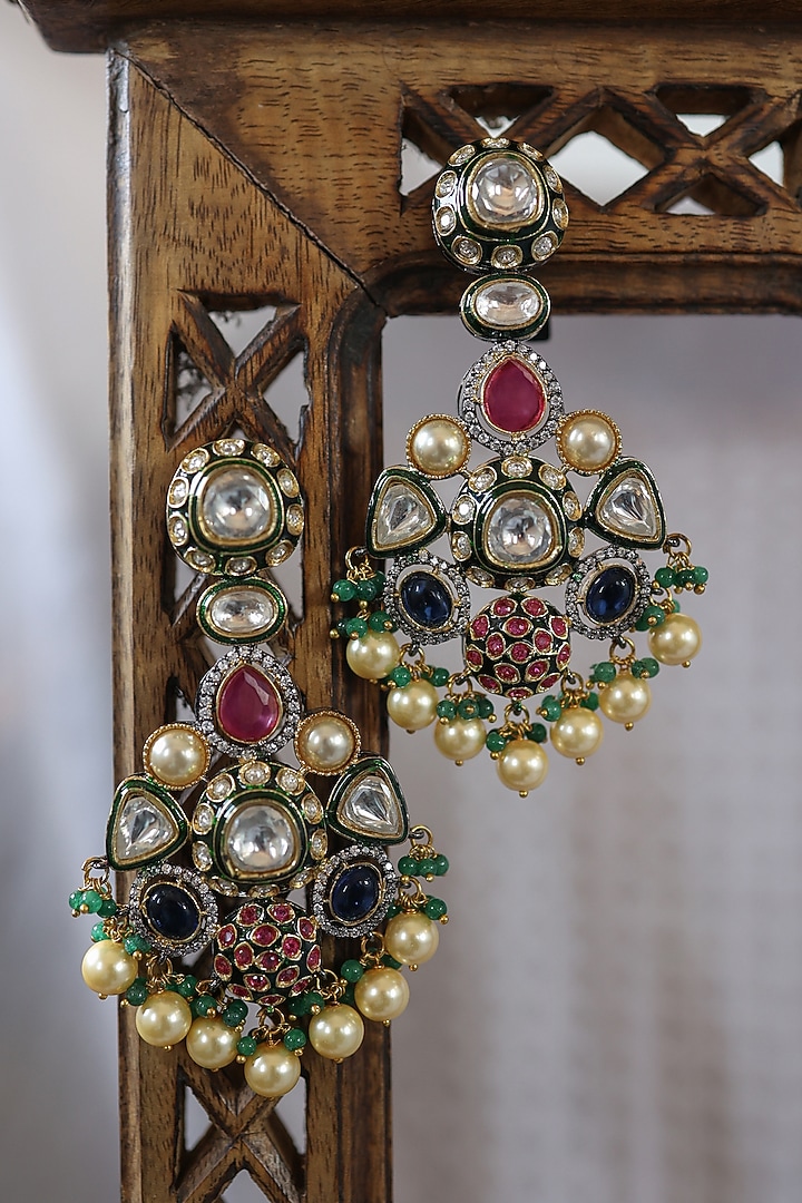 Gold Plated Kundan Polki & Multi-Colored Stone Dangler Earrings by Paisley Pop at Pernia's Pop Up Shop