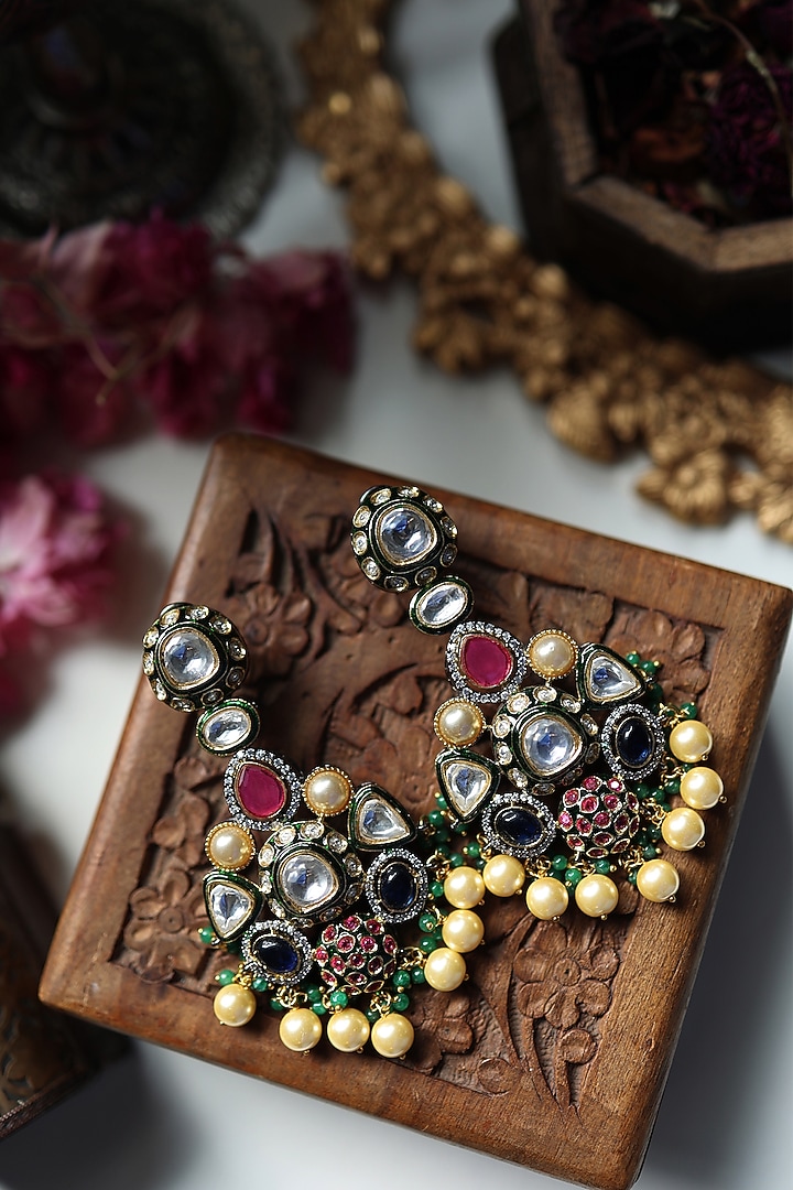 Gold Plated Kundan Polki & Multi-Colored Stone Dangler Earrings by Paisley Pop at Pernia's Pop Up Shop