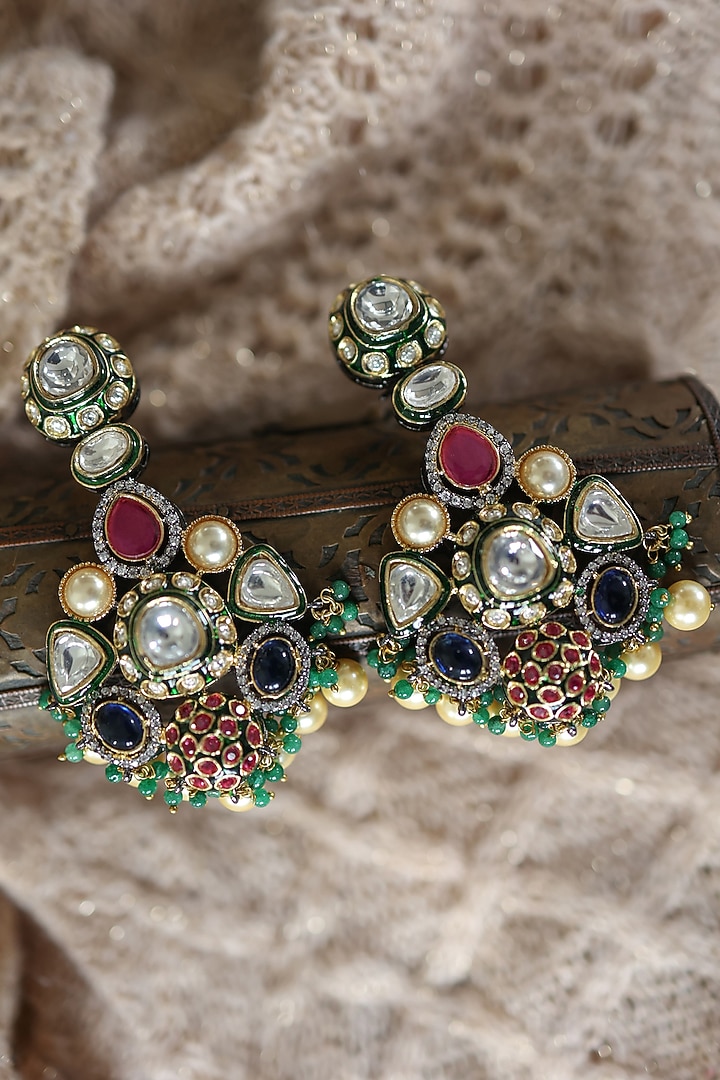 Gold Plated Kundan Polki & Multi-Colored Stone Dangler Earrings by Paisley Pop at Pernia's Pop Up Shop