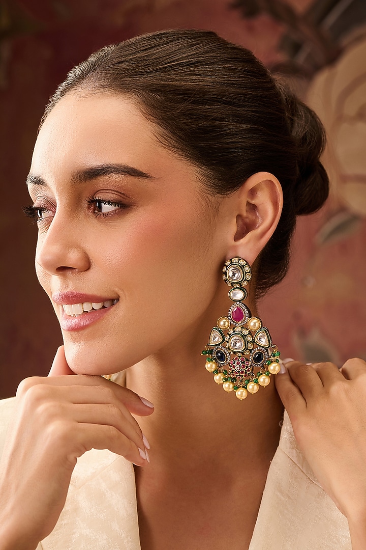 Gold Plated Kundan Polki & Multi-Colored Stone Dangler Earrings by Paisley Pop at Pernia's Pop Up Shop