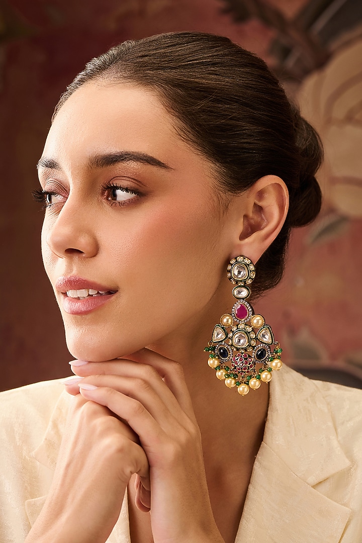Gold Plated Kundan Polki & Multi-Colored Stone Dangler Earrings by Paisley Pop at Pernia's Pop Up Shop