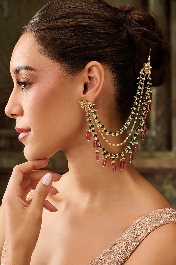 Gold Plated Kundan Polki & Pink Stone Earchains by Paisley Pop at Pernia's Pop Up Shop