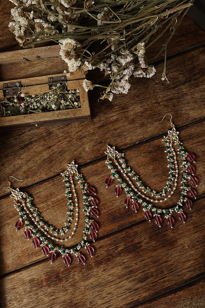 Gold Plated Kundan Polki & Pink Stone Earchains by Paisley Pop at Pernia's Pop Up Shop