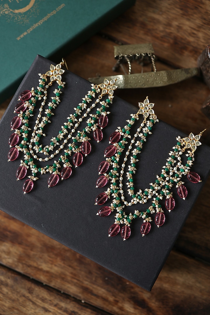 Gold Plated Kundan Polki & Pink Stone Earchains by Paisley Pop at Pernia's Pop Up Shop
