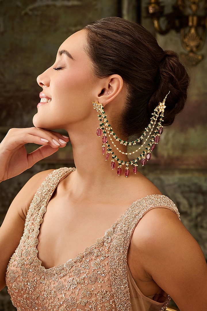 Gold Plated Kundan Polki & Pink Stone Earchains by Paisley Pop at Pernia's Pop Up Shop