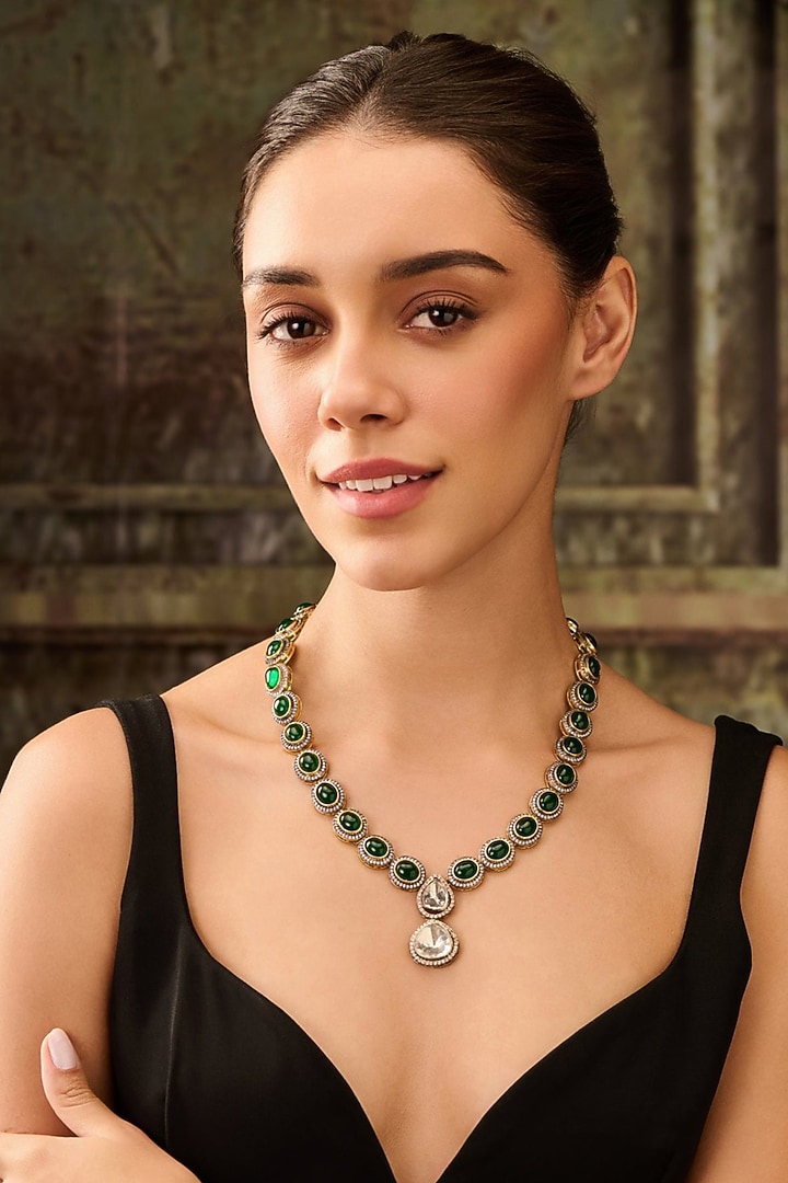 Gold Plated Kundan Polki & Green Jade Stone Pendant Necklace by Paisley Pop at Pernia's Pop Up Shop