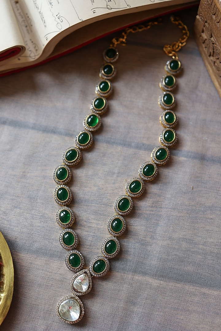 Gold Plated Kundan Polki & Green Jade Stone Pendant Necklace by Paisley Pop at Pernia's Pop Up Shop