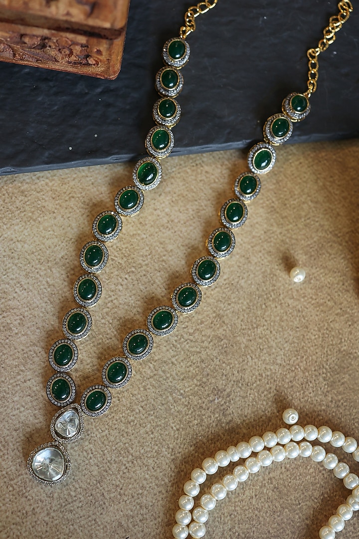 Gold Plated Kundan Polki & Green Jade Stone Pendant Necklace by Paisley Pop at Pernia's Pop Up Shop