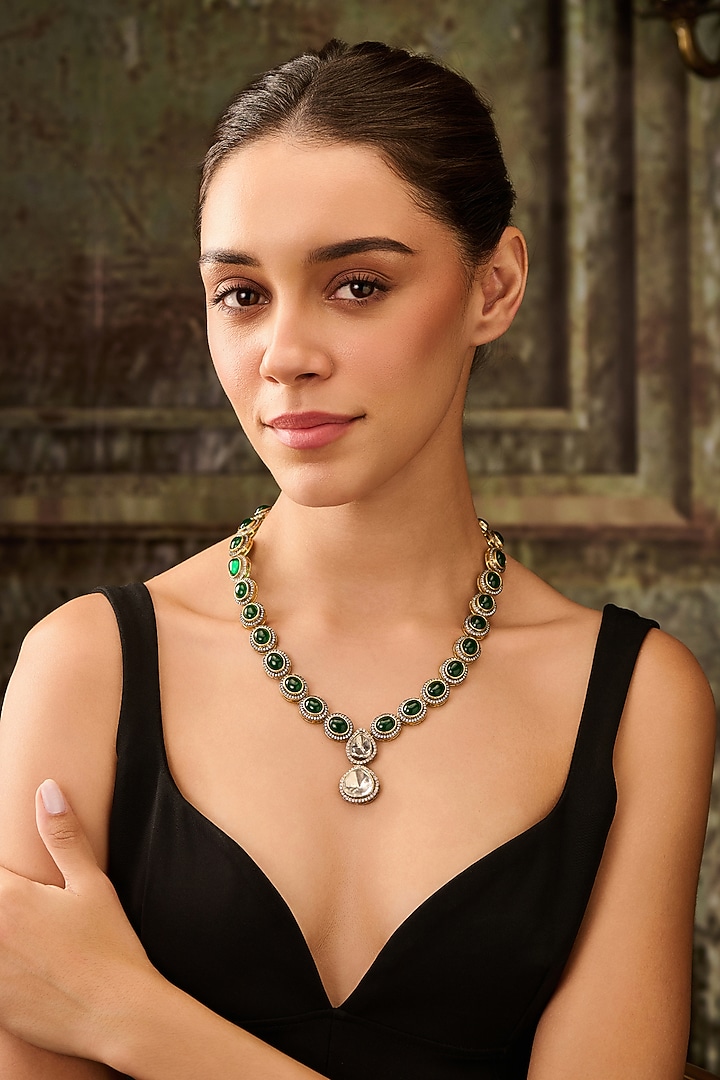 Gold Plated Kundan Polki & Green Jade Stone Pendant Necklace by Paisley Pop at Pernia's Pop Up Shop