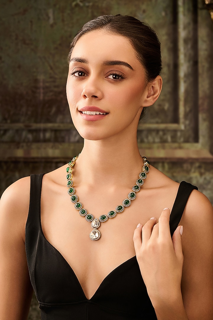 Gold Plated Kundan Polki & Green Jade Stone Pendant Necklace by Paisley Pop at Pernia's Pop Up Shop