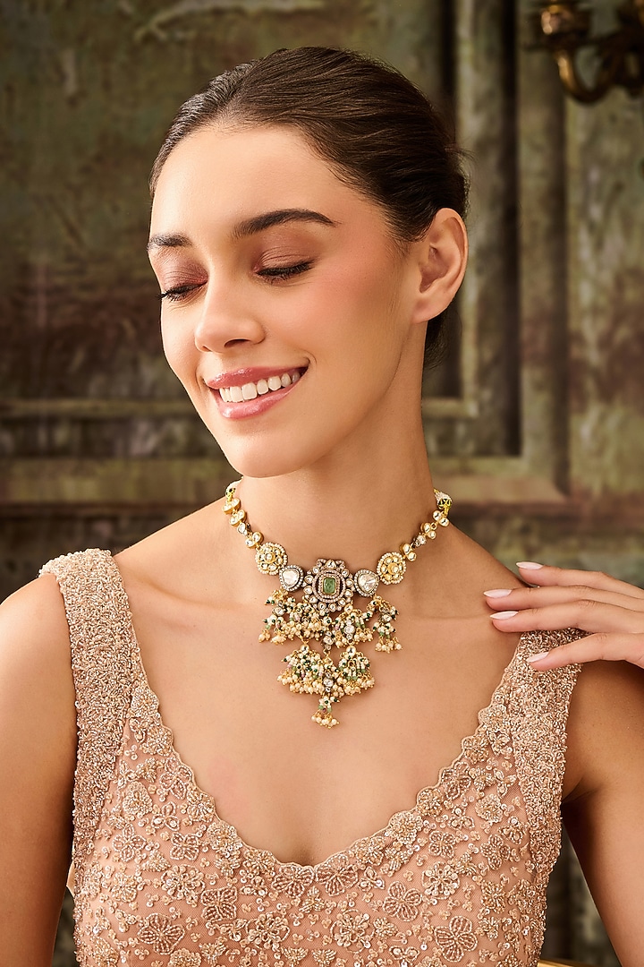 Gold Plated Kundan Polki & Pearl Necklace by Paisley Pop at Pernia's Pop Up Shop