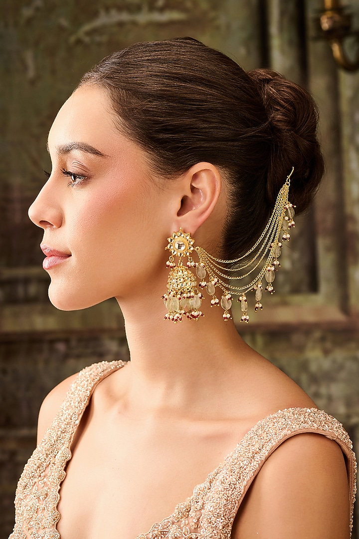 Gold Plated Kundan Polki & Mint Fluorite Stone Kaan Chain Jhumka Earrings by Paisley Pop at Pernia's Pop Up Shop