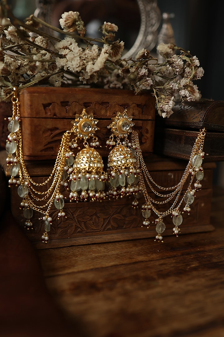 Gold Plated Kundan Polki & Mint Fluorite Stone Kaan Chain Jhumka Earrings by Paisley Pop at Pernia's Pop Up Shop