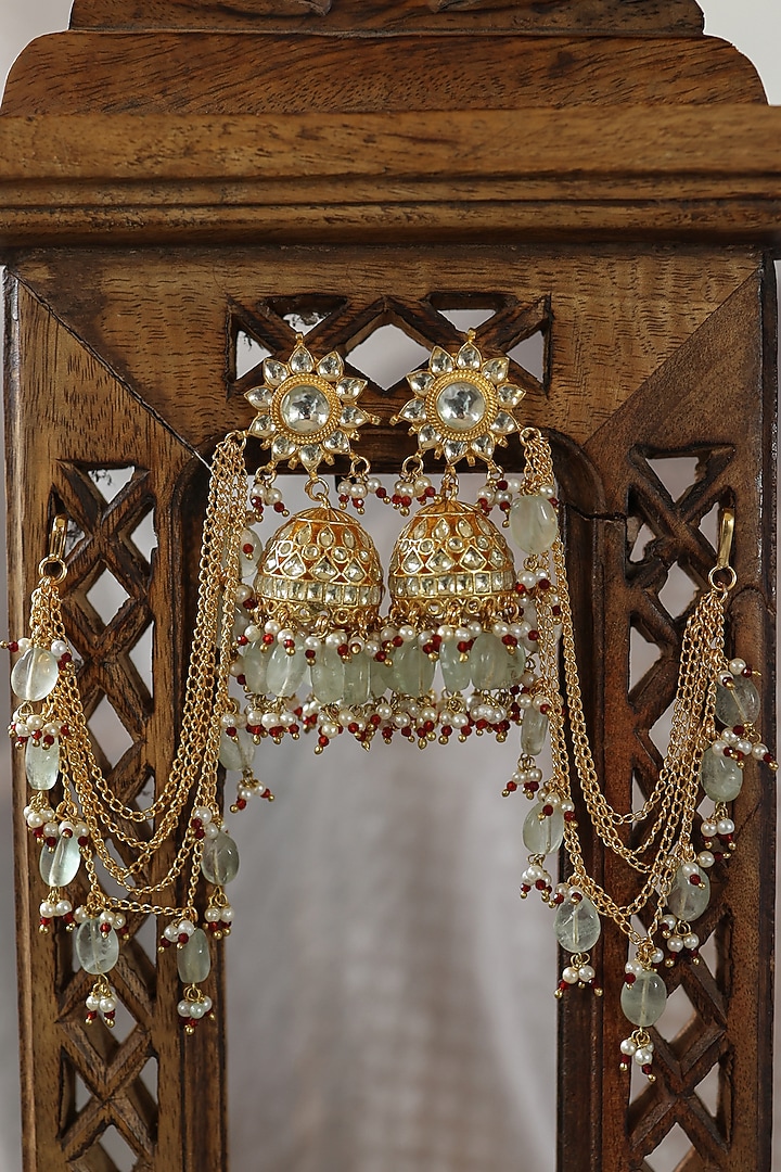 Gold Plated Kundan Polki & Mint Fluorite Stone Kaan Chain Jhumka Earrings by Paisley Pop at Pernia's Pop Up Shop