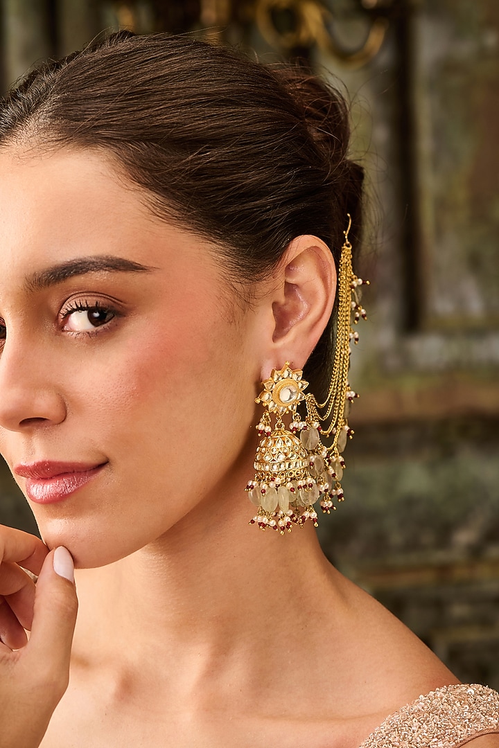 Gold Plated Kundan Polki & Mint Fluorite Stone Kaan Chain Jhumka Earrings by Paisley Pop at Pernia's Pop Up Shop