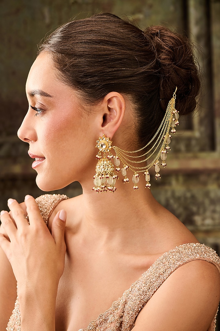 Gold Earrings With Kaan Chain Gold Plated Kundan Polki Mint Fluorite Stone Kaan Chain Jhumka Earrings  By Paisley Pop At Pernia's Pop Up Shop