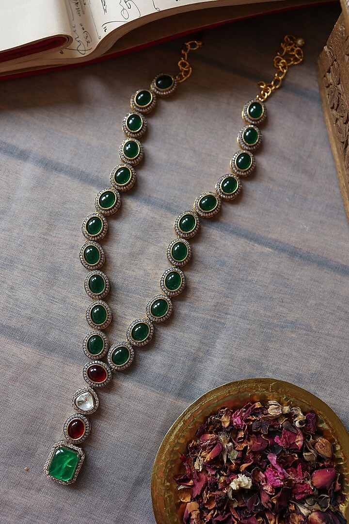 Gold Plated Green Doublet Stone & Kundan Polki Necklace by Paisley Pop at Pernia's Pop Up Shop