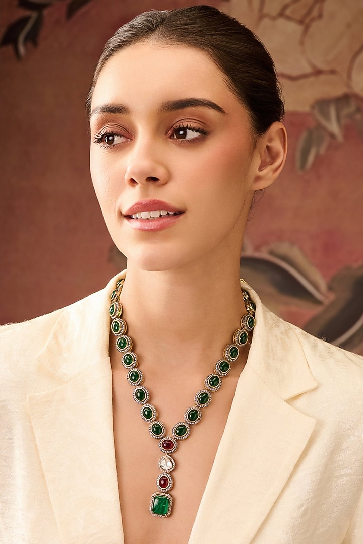 Gold Plated Green Doublet Stone & Kundan Polki Necklace by Paisley Pop at Pernia's Pop Up Shop