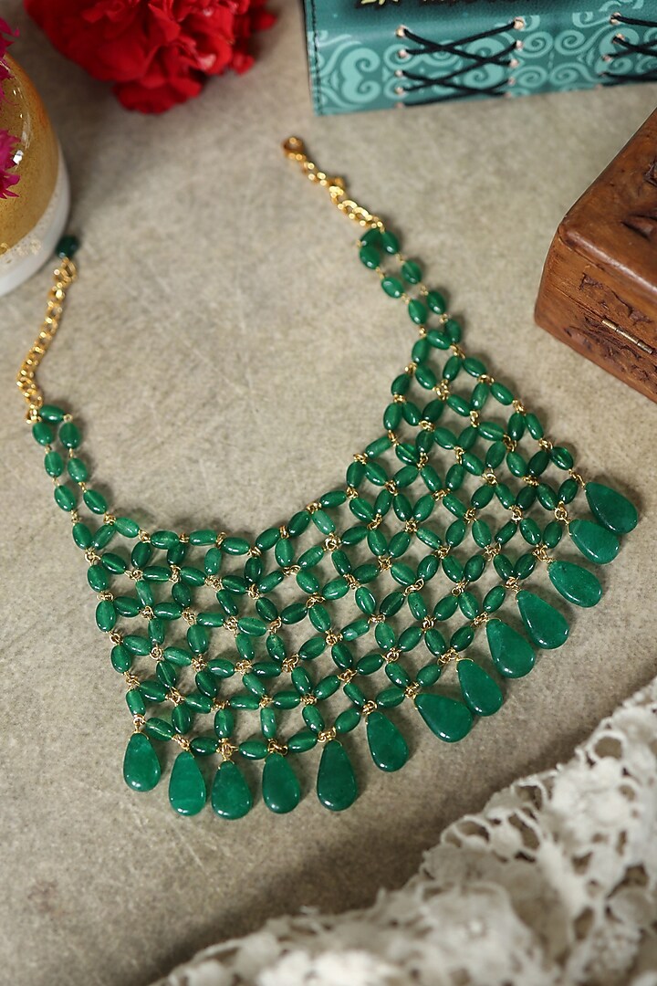Gold Plated Kundan Polki & Jade Green Stone Necklace by Paisley Pop at Pernia's Pop Up Shop