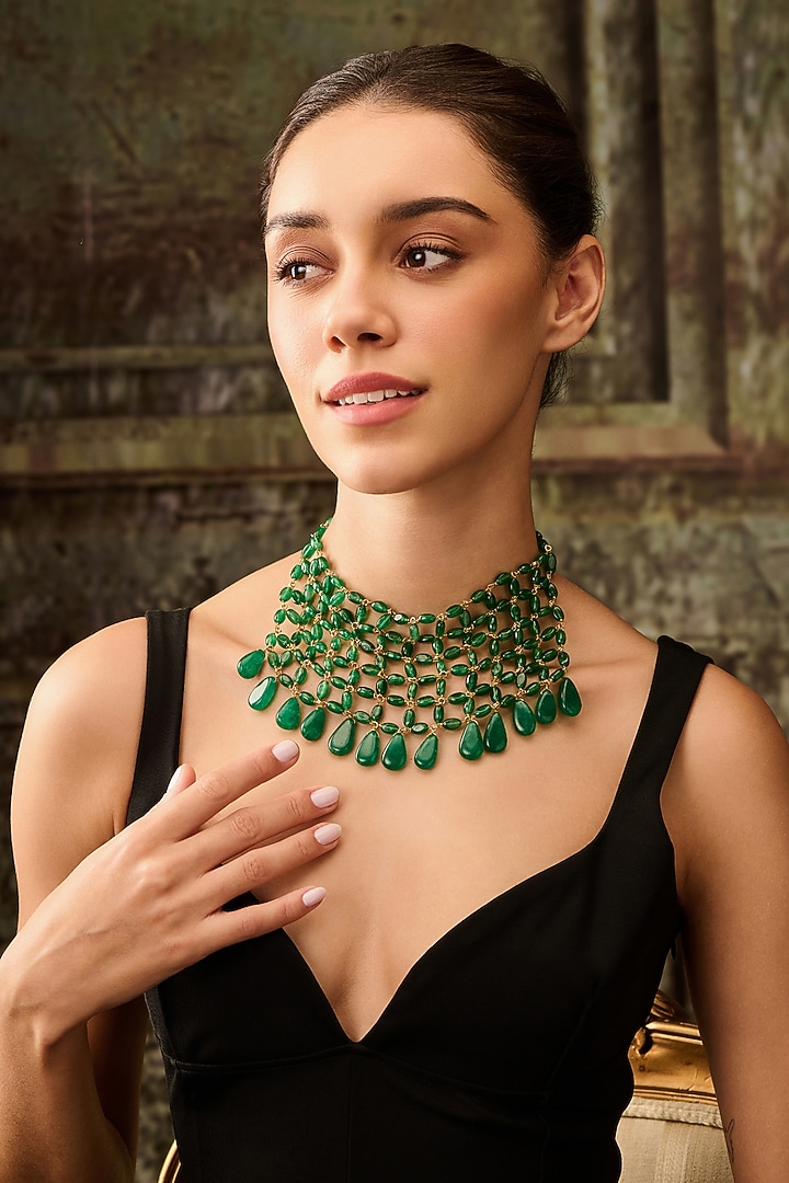 Gold Plated Kundan Polki & Jade Green Stone Necklace by Paisley Pop at Pernia's Pop Up Shop