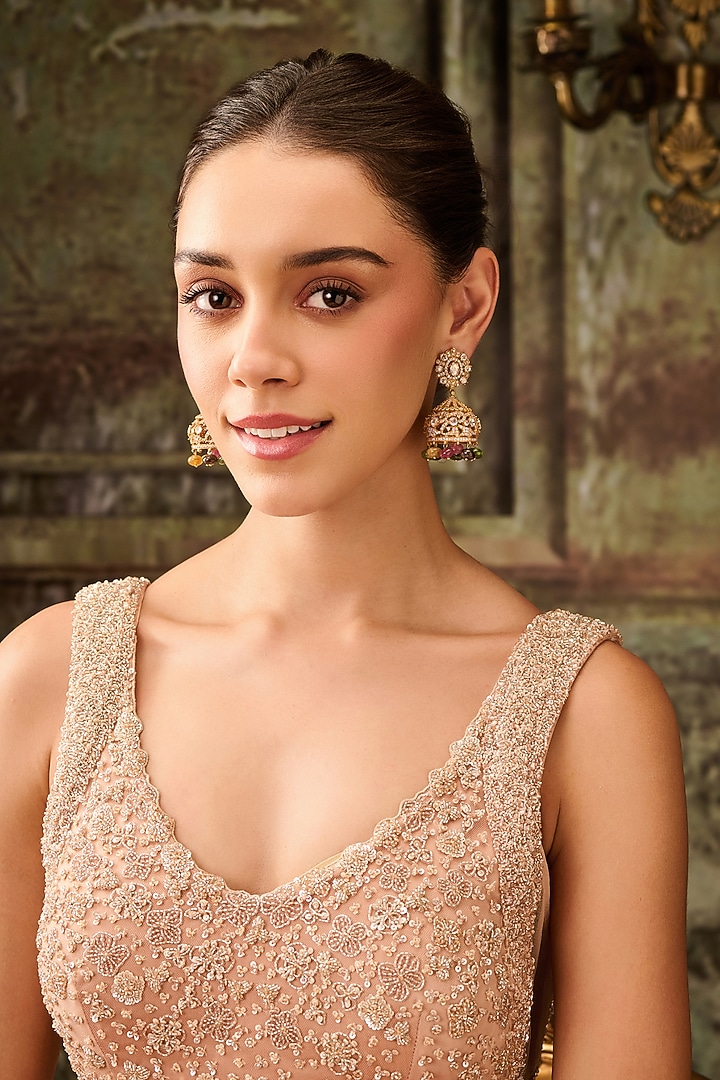 Gold Plated Kundan Polki & Multi-Colored Tourmaline Stone Jhumka Earrings by Paisley Pop at Pernia's Pop Up Shop