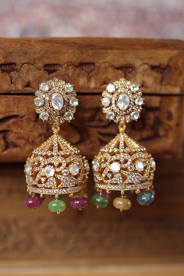 Gold Plated Kundan Polki & Multi-Colored Tourmaline Stone Jhumka Earrings by Paisley Pop at Pernia's Pop Up Shop