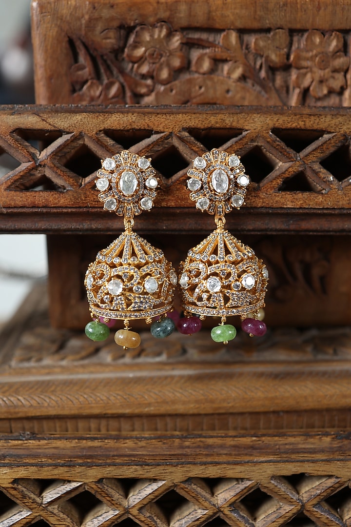 Gold Plated Kundan Polki & Multi-Colored Tourmaline Stone Jhumka Earrings by Paisley Pop at Pernia's Pop Up Shop