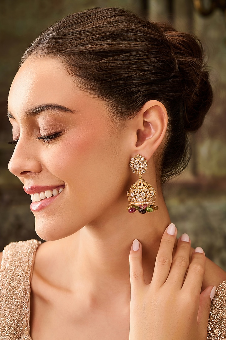 Gold Plated Kundan Polki & Multi-Colored Tourmaline Stone Jhumka Earrings by Paisley Pop at Pernia's Pop Up Shop