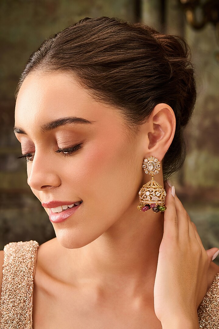 Gold Plated Kundan Polki & Multi-Colored Tourmaline Stone Jhumka Earrings by Paisley Pop at Pernia's Pop Up Shop