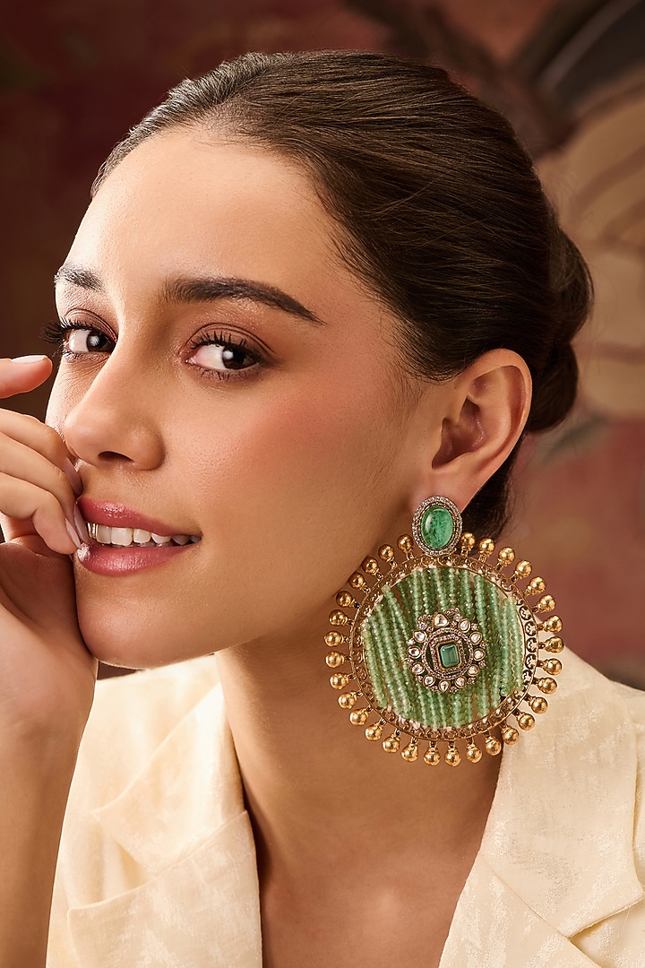Gold Plated Mint Fluorite Stone & Kundan Polki Earrings by Paisley Pop at Pernia's Pop Up Shop