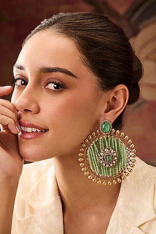 Gold Plated Mint Fluorite Stone & Kundan Polki Earrings by Paisley Pop