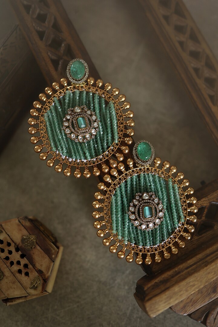 Gold Plated Mint Fluorite Stone & Kundan Polki Earrings by Paisley Pop at Pernia's Pop Up Shop