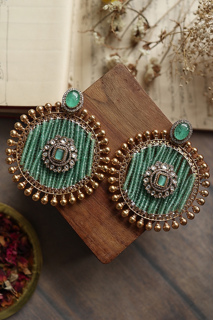 Gold Plated Mint Fluorite Stone & Kundan Polki Earrings by Paisley Pop at Pernia's Pop Up Shop