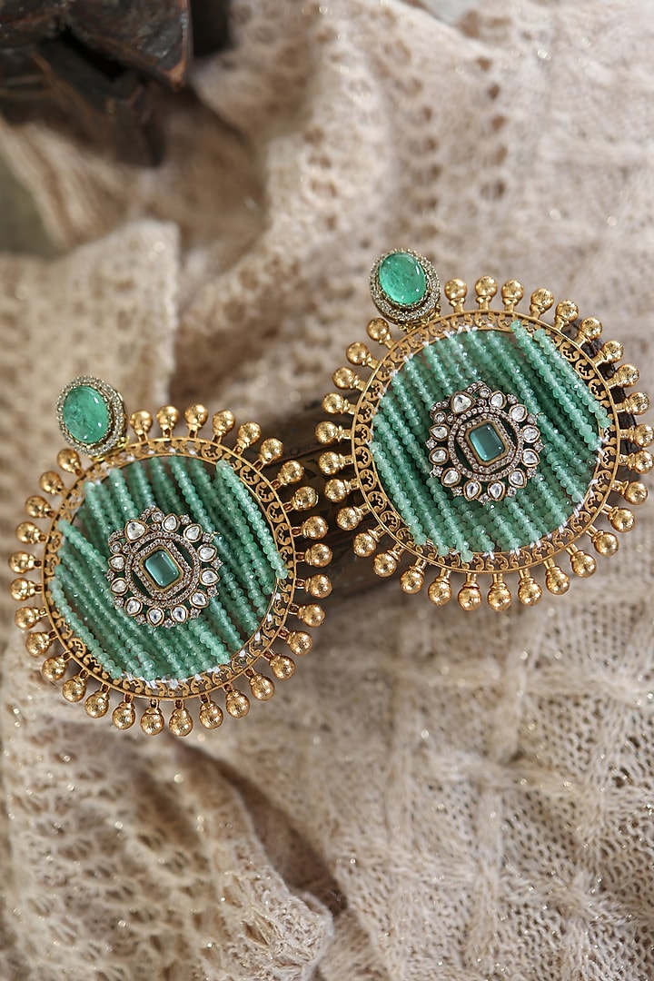 Gold Plated Mint Fluorite Stone & Kundan Polki Earrings by Paisley Pop at Pernia's Pop Up Shop