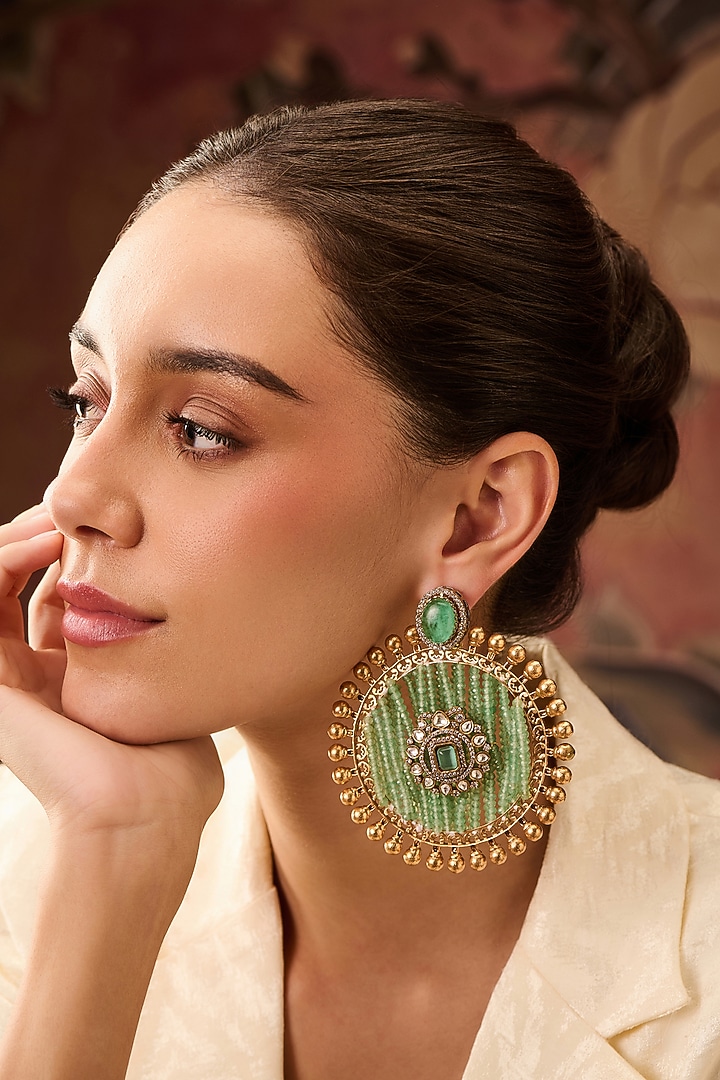 Gold Plated Mint Fluorite Stone & Kundan Polki Earrings by Paisley Pop at Pernia's Pop Up Shop