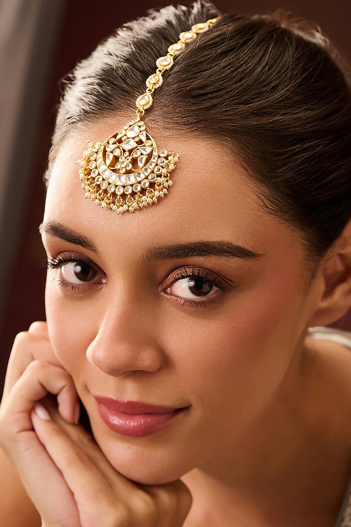 Gold Plated Kundan Polki & Pearl Maangtikka by Paisley Pop at Pernia's Pop Up Shop